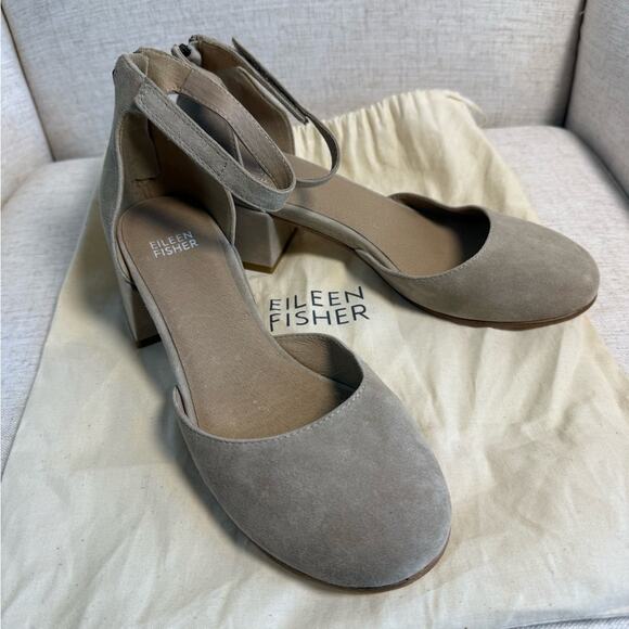 Eileen Fisher Suede Dota Pumps Earth Tan Women’s Size 7.5 New Block Heel Leather - Picture 3 of 9